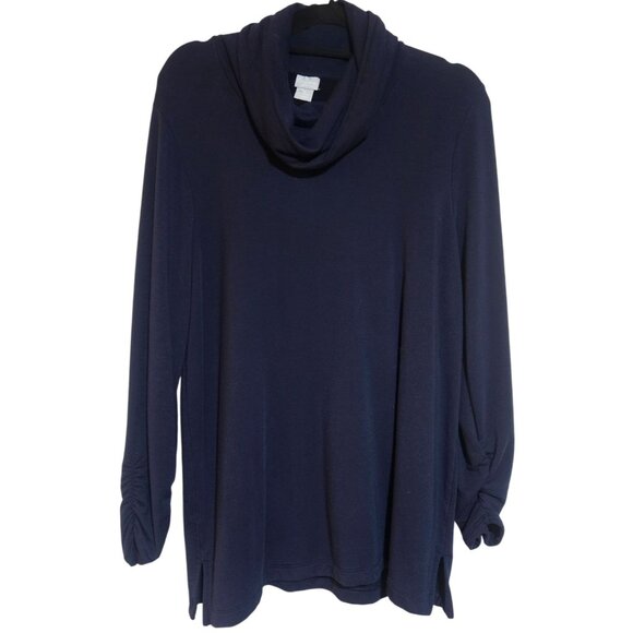 Chicos Navy Blue Cowl Neck Long Sleeve Top Ruched Sleeves Side Slits Size XL Lyo - Picture 1 of 9